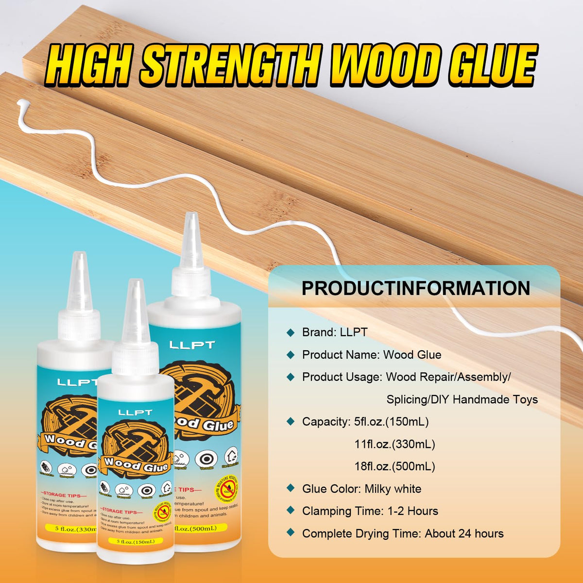 LLPT Wood Glue 11.2 Ounce, Dried Clear Waterproof Wooden Super Glue