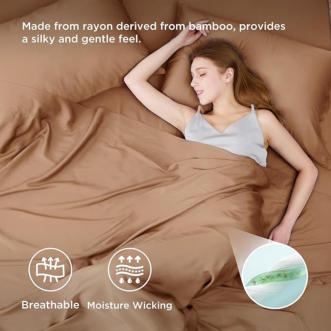 Bedsure California King Sheet Sets, Cooling Sheets for Hot Sleepers, Rayon Derived from Bamboo, Breathable & Soft, Deep Pocket Up to 16", Hotel Luxury Silky Bedding for Hot Sleepers, Khaki
