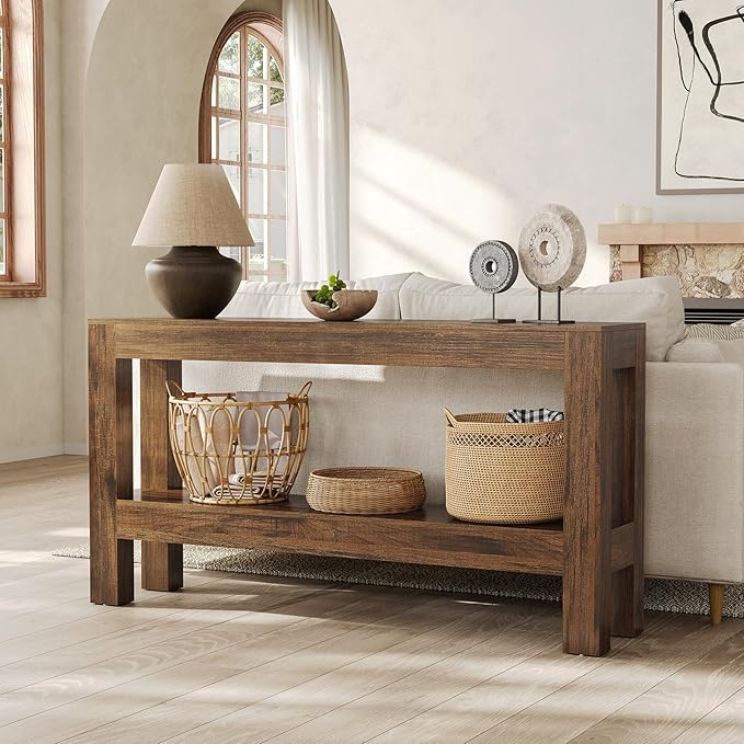 LITTLE TREE 63-Inch Wood Entryway Table, Long Farmhouse Narrow Console Table for Living Room, Hallway, Sofa, Entry, Entrance, Foyer, Behind Couch with 2-Tier Shelves, Brown