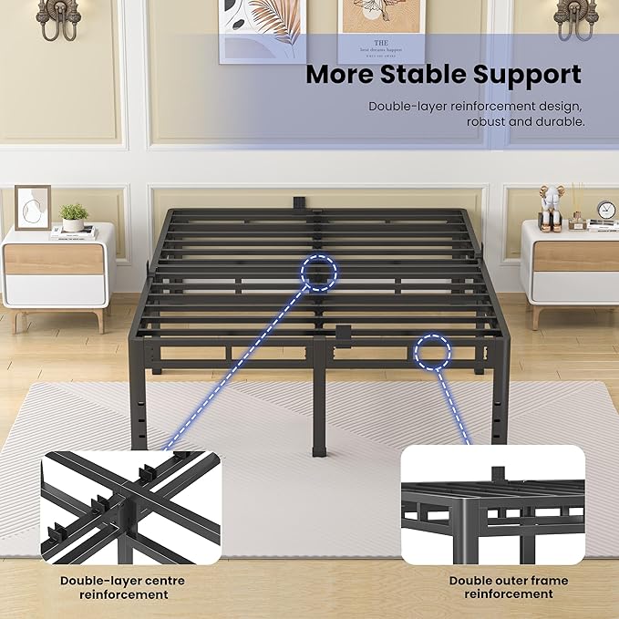 NKZ 22 Inch Queen Size Bed Frame, Metal Bed Frame & Box Spring 2 in 1 Platform with Round Corner Legs, 4000Lbs Heavy Duty Metal Frame, Mattress Slide Stopper, Headboard Hole, Noise-Free, Easy Assembly