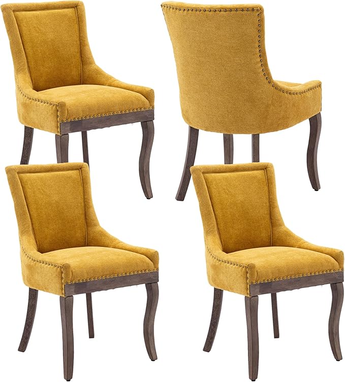 Farmhouse Dining Chairs Set of 4, Upholstered Fabric Dining Room Accent Chairs with Wood Legs & Bronze Nailhead, High Wingback Kitchen Chairs for Living Room Hotel Apartment, Golden Yellow