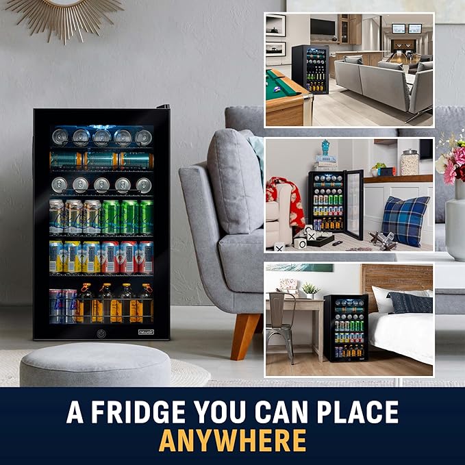 NewAir 126 Can Beverage Refrigerator | Freestanding Small Mini Fridge for Bedroom with Glass Door | Drink Cooler with Adjustable Shelves, Quiet Cooling & Locking Door | Black