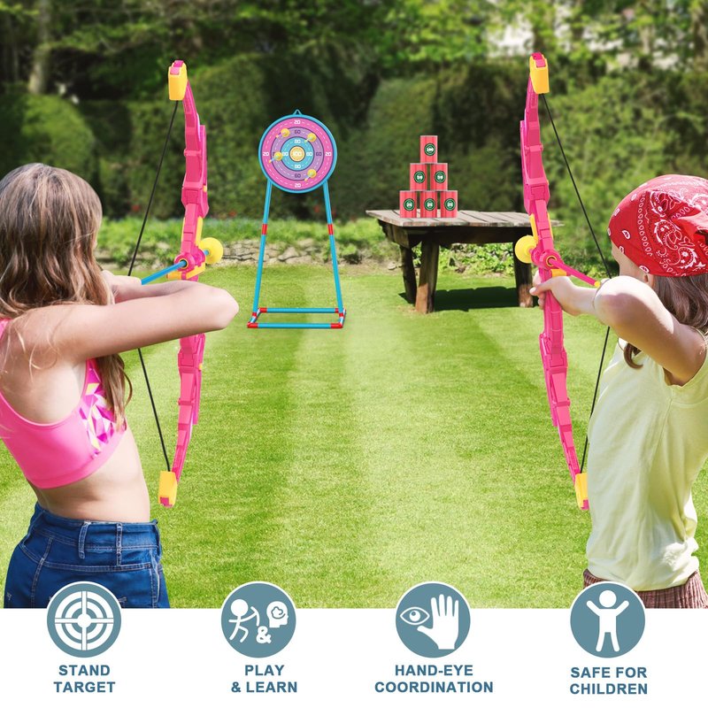2 Pack Kids Bow and Arrow Set, Pink Light Up Archery Toy Set, 2 Foam Dart Blaster & 6 Target Cans Toys for Ages 5-7, Kids Indoor Outdoor Birthday Gifts Ideas for Boys Girls 4 5 6 7 8 9 10 Year Old