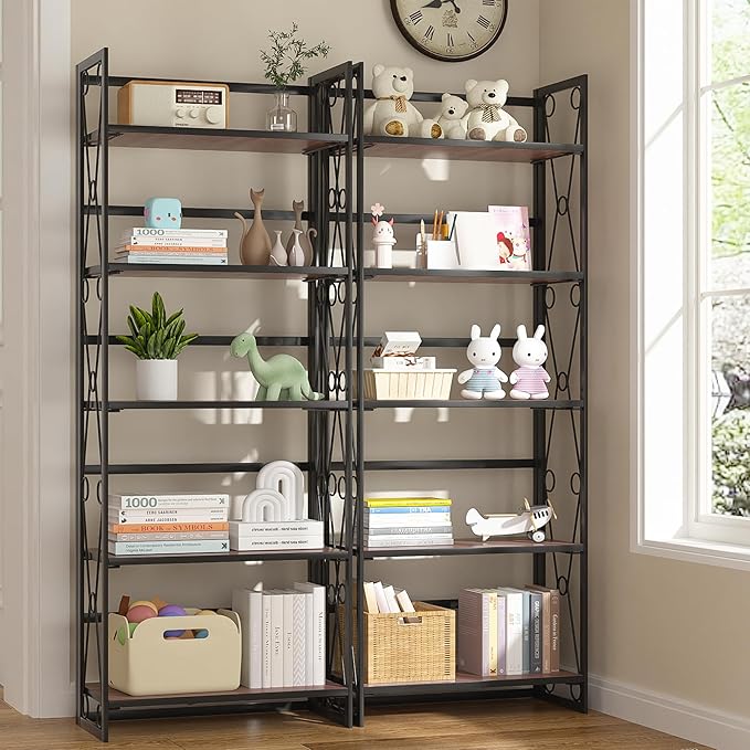 VECELO Folding Bookshelf,5 Shelf Bookcase No Assembly, Industrial Metal Frame Shelves Rack Organizer for Living Room, Office,Walnut 2 Set