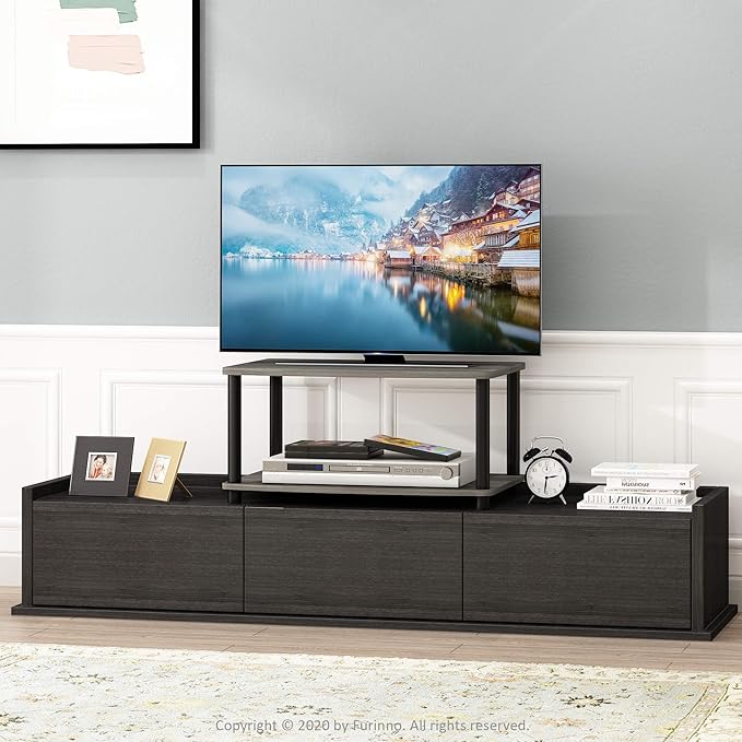 Furinno TURN-N-TUBE TV Riser Stand, 2-Tier Small Elevated No Tools TV Stand, TV Console for TV up to 32 inch, 15.8 x 23.8 x 11, for Living Room, Bedroom, Oak Grey