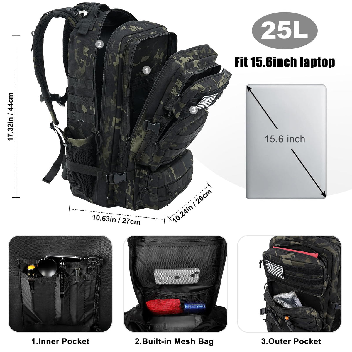 kookoomia Military Tactical Backpack 25L Day Backpack for Men Molle Army 3 Days Assault Pack Bug Out Bag Water Resistant and Heavy Duty Hiking Treeking Rucksack - Black Camo