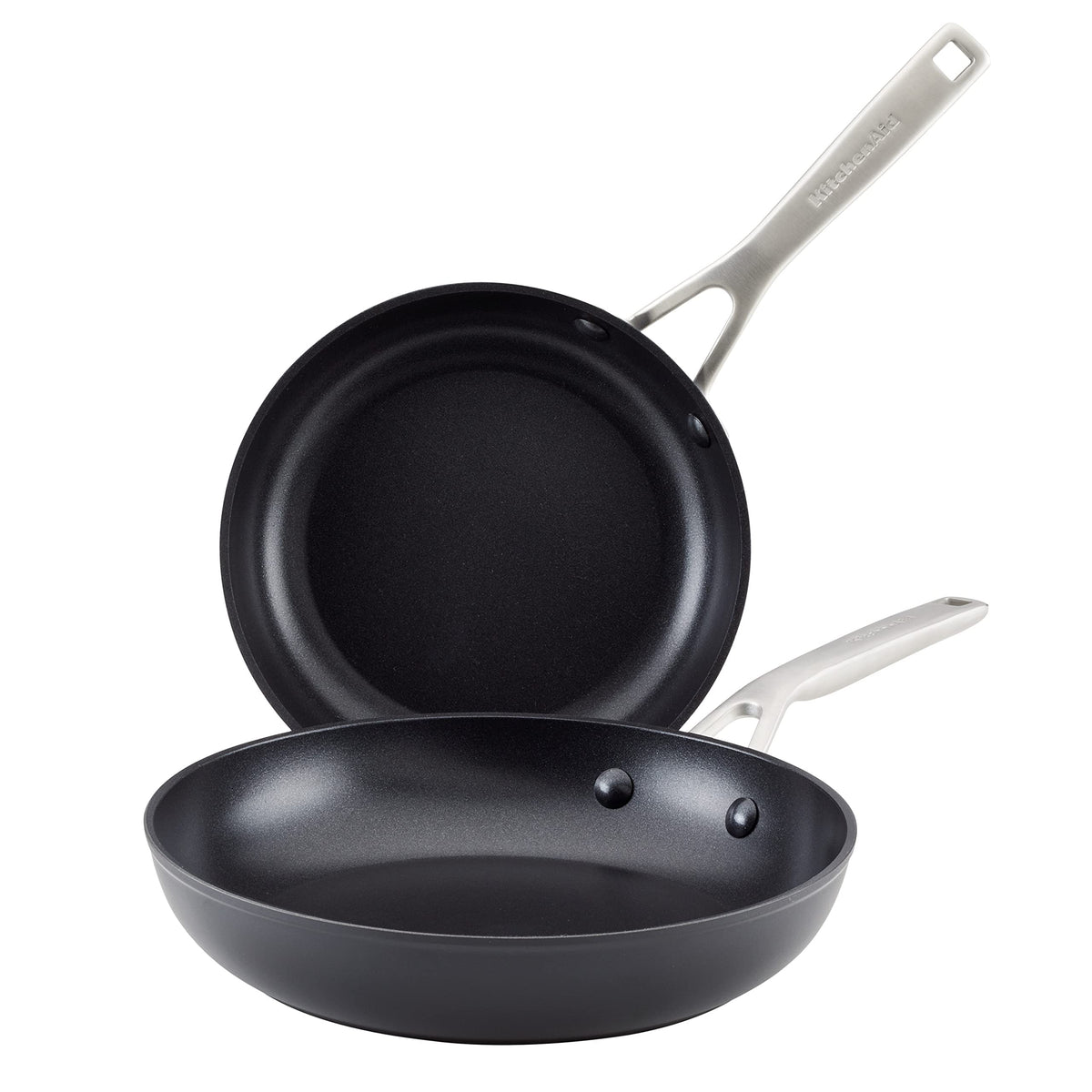 KitchenAid Hard Anodized Induction Nonstick Frying Pan Set With Lid, 3-Piece – 8 & 10 Inch Skillets, Durable, Even Heating, Dishwasher & Oven Safe, Easy-Clean, Matte Black