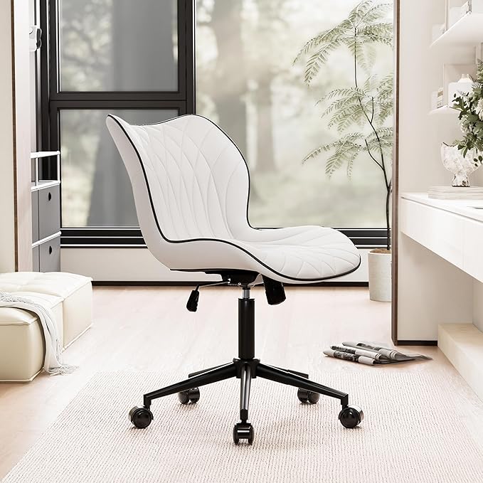 YOUNUOKE Armless Desk Chair Comfy Office Chair with Wheels Home Ergonomic Task Chair Adjustable Computer Chairs Modern Faux Leather Swivel Chair Upholstered Makeup Vanity Chair with Back(White)