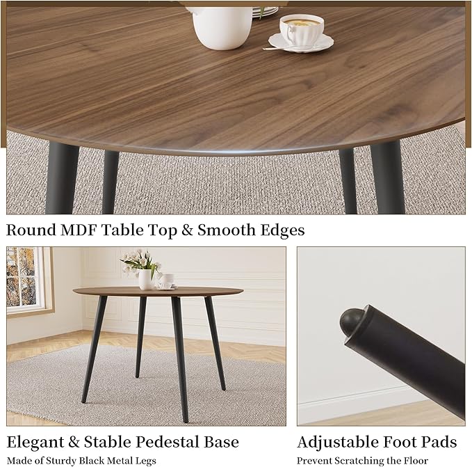 43.3 Inch Round Dining Table Set for 4, Modern Small Kitchen Coffee Set for Dining Room Kitchen Apartment (Walnut Table + 4 White Shell Chairs)