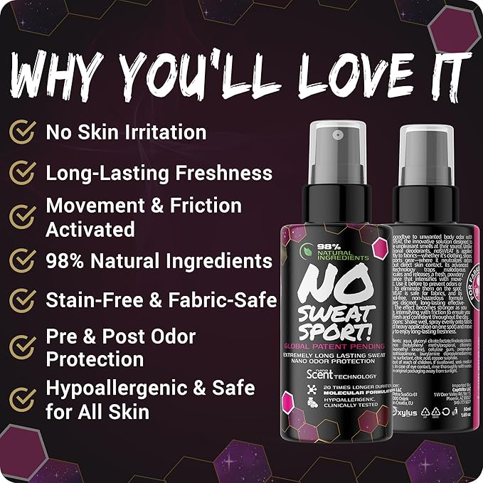 NO SWEAT! SPORT Fabric Odor Neutralizer for Athletic Clothes & Shoes – Movement-Activated Odor Control for Workouts, Gym & Sports | Alcohol-Free, Fabric Safe, 98% Natural Ingredients (20mL)