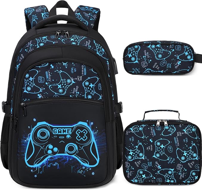 Boys Backpack for School, 3PCS Cool Luminous Gamer Backpack for Boys with Lunch Box Pencil Case, Kids Backpacks Bookbag for Teen Boy Elementary Middle High School with USB Charging Port