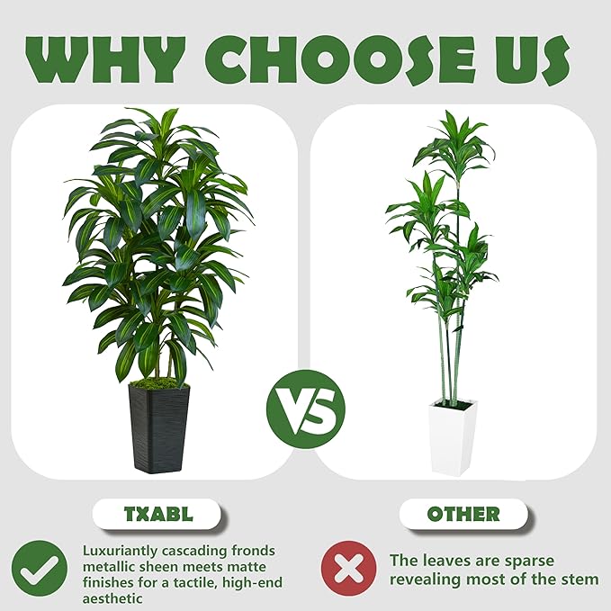 Artificial Dracaena Plant 6FT Tall - Fake Tree with Black Planter - Faux Yucca Tall Fake Floor Plant in Pot - Artificial Trees for Home Bedroom Office Indoor Living Room Decoration