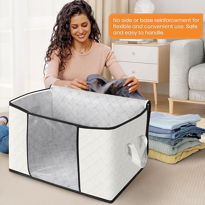Fab totes 24 Gallons Clothes Storage, Foldable Thick Fabric Blanket Storage Bags, Containers for Organizing Bedroom, Closet, Clothing, Comforter, Organization with Handle (3 Pack,Ivory)