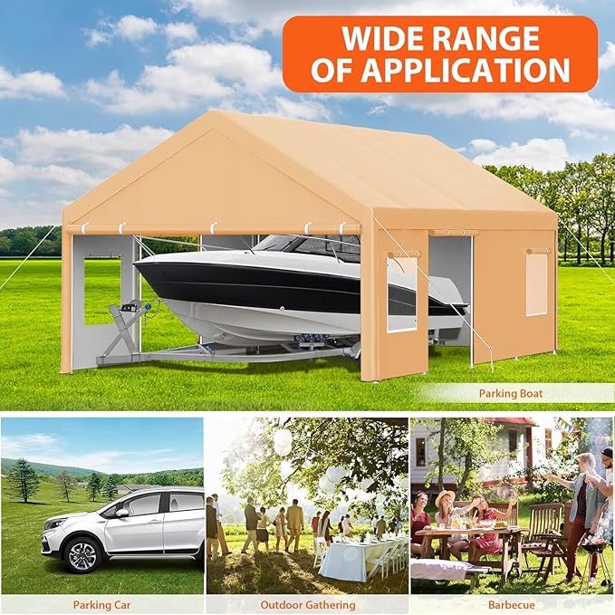 13x25FT Heavy Duty Portable Carport Canopy with 4 Roll-Up Doors & 4 Mesh Windows, Large Outdoor Garage Shelter for Car, Truck, Boat, Party, and Market Use