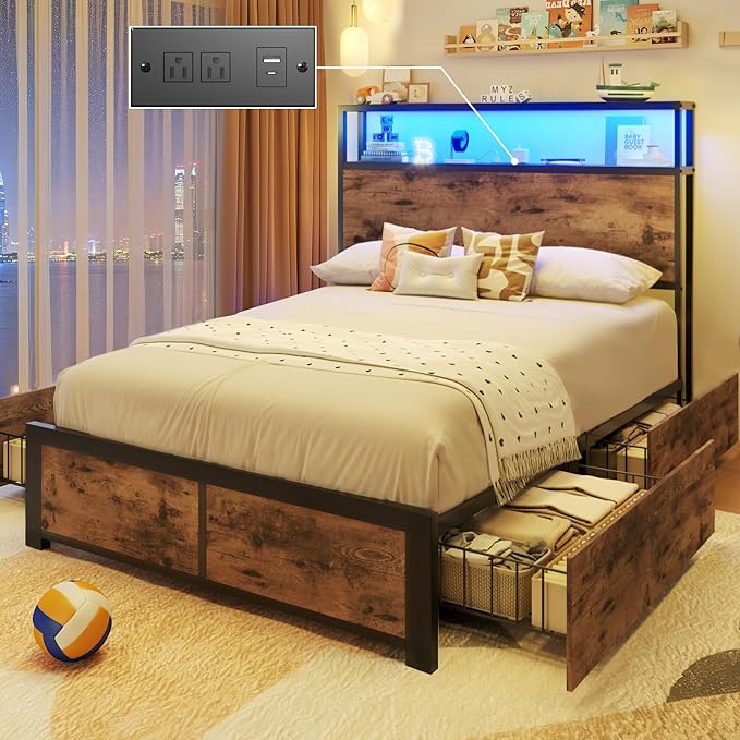 Lifezone Twin Bed Frame with 2-Tier Storage Headboard, Metal Platform Bed Frame with 4 Storage Drawers, Built in Charging Station & LED, Noise-Free/Metal Support/No Box Spring Needed, Vintage Brown