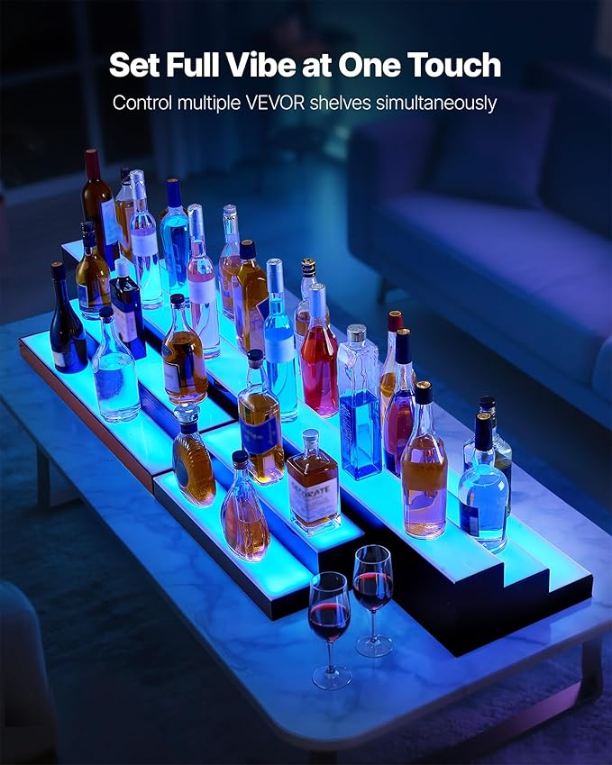 VEVOR LED Lighted Liquor Bottle Display, 2 Tiers 20 Inches Whiskey Rack, Supports USB, Illuminated Home Bar Shelf with RF Remote & App Control, 9 Static Colors, Acrylic Lighted Shelf for 10 Bottles