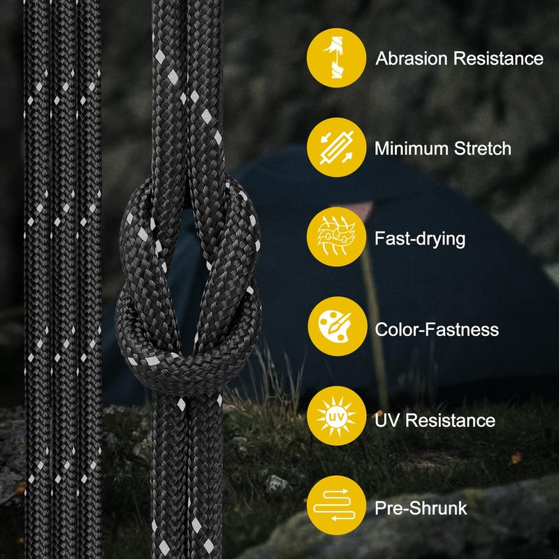 Thadavo Reflective Paracord Rope 850Ib, 50/100/200/500/1000ft 4MM 11 Strand para Cords Lanyard Utility Parachute Cord for Tent Camping Hiking Fishing Survival Clothesline DIY Projects, Black 50FT