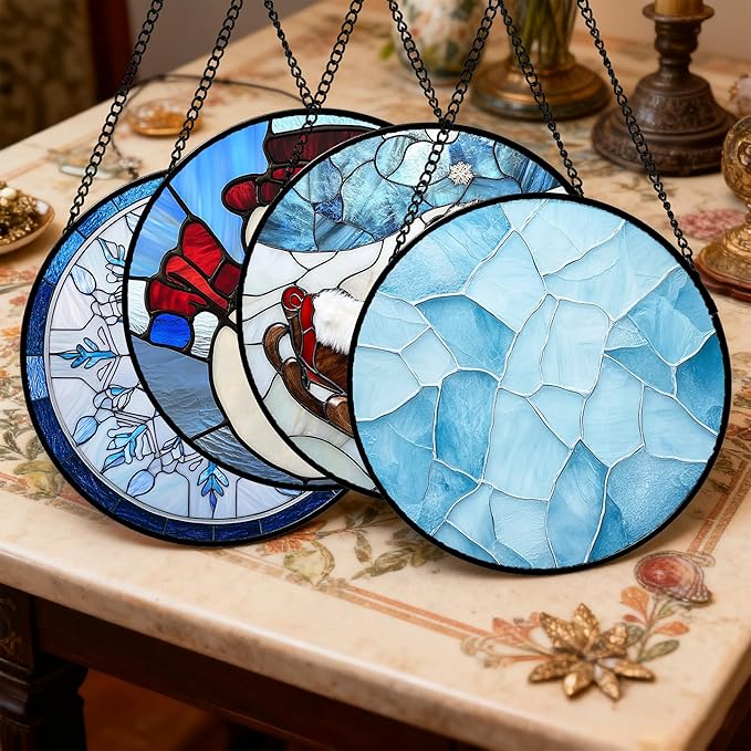 Stained Glass Window Hanging 4 Pcs Set Blue White Christmas Snowman Snowflake 6.3" - Suncatcher Door Garden Sun Catcher Decor Birthday Mother's Day Xmas Gifts for Mom Woman Nana Men