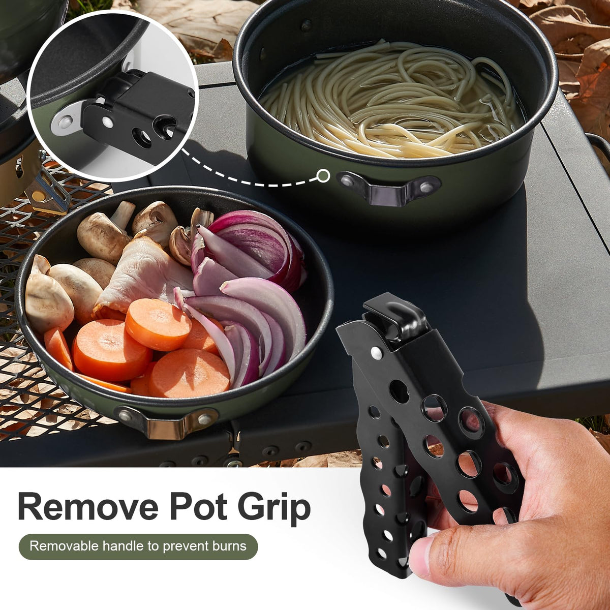 Odoland 5pcs Camping Cookware Non-Stick Camping Pot and Pan Set with Kettle and Removable Handle for Hiking Backpacking and Picnic(Green)