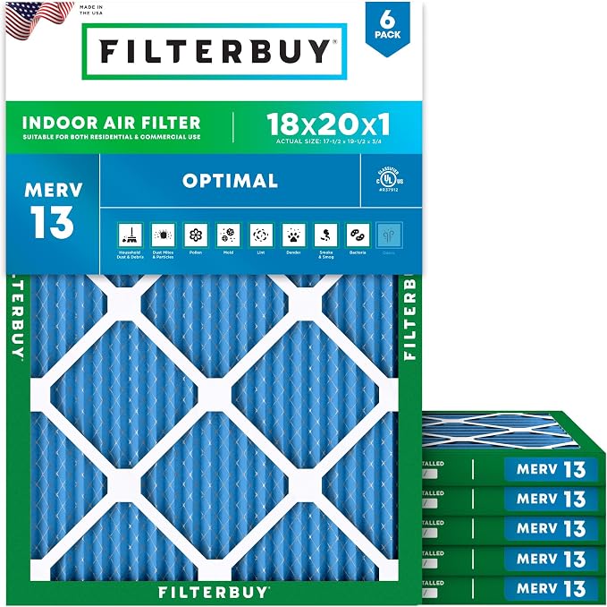Filterbuy 18x20x1 Air Filter MERV 13 Optimal Smoke & Allergy Defense,