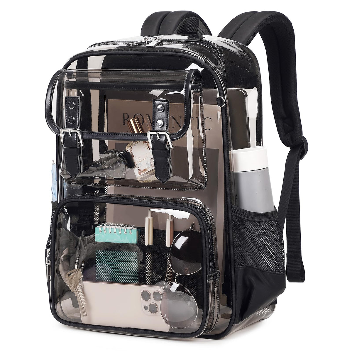 PIG PIG GIRL Clear Backpack Heavy Duty, PVC Clear Bookbag Transparent Backpack See Through Bag for Stadium College for Adult Men Women, Semi-Black