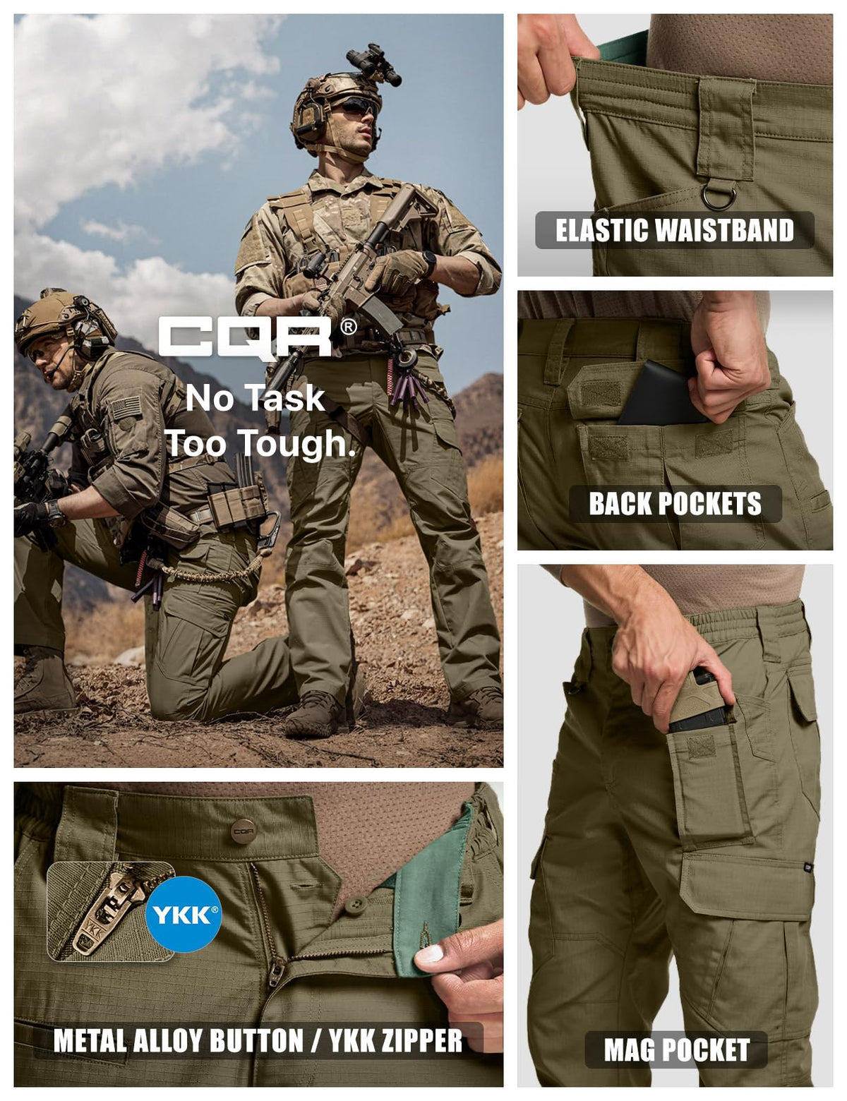 CQR Men's Tactical Pants, Water Resistant Ripstop Cargo Pants, Lightweight EDC Work Hiking Pants, Outdoor Apparel, Raider Mag Soil Green, 36W x 30L
