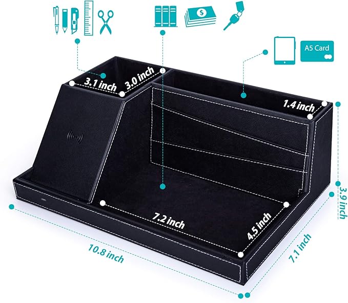 Valet Tray, Built in Wireless Charging Pad, Nightstand Organizer, Dresser Organizer, Mens Jewelry Box, Valet Charging Station, Faux Leather Valet Tray for Men and Women (Black+Wireless)