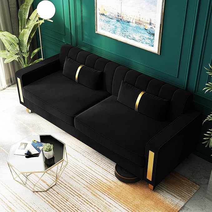 Couch 85.62" 3 Seats Sectional Velvet Fabric Sofa Easy Assemble Sofa Bed with 2 Couch Pillows,Gold Metal Legs for Living Room (P17, Black)