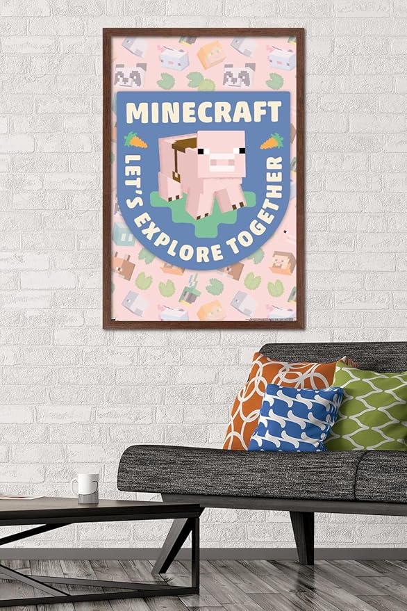 Trends International Minecraft - Let's Explore Together Wall Poster, 34L x 22.4W, Mahogany Framed Version