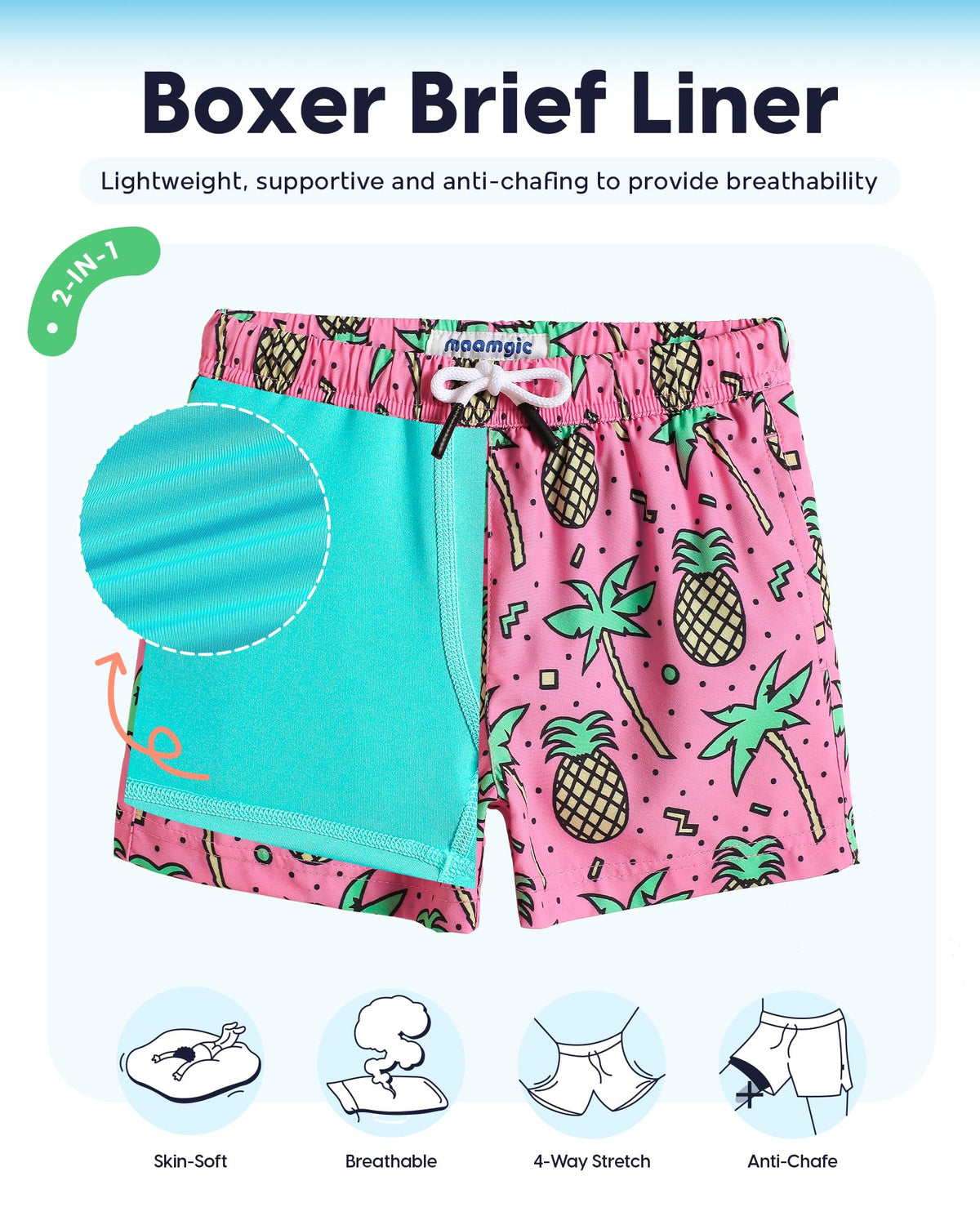 maamgic Boys Swim Trunks with Compression Liner Toddler Stretch Swim Shorts Quick Dry Swimming Trunks Boxer Brief 2 in 1 Beach Shorts Rose Coconut 8