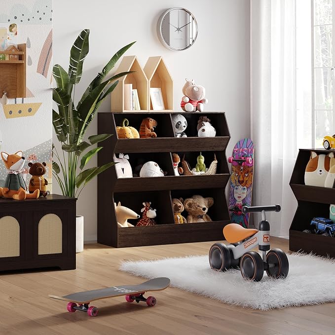 DINZI LVJ Toy Storage Organizer, Kids Bookshelf, Wooden Toy Storage Cabinet, 6 Cubby Children Bookcase, 39.4" L Toddler Book Shelf for Playroom, Living Room, Nursery, Hallway, School, Espresso