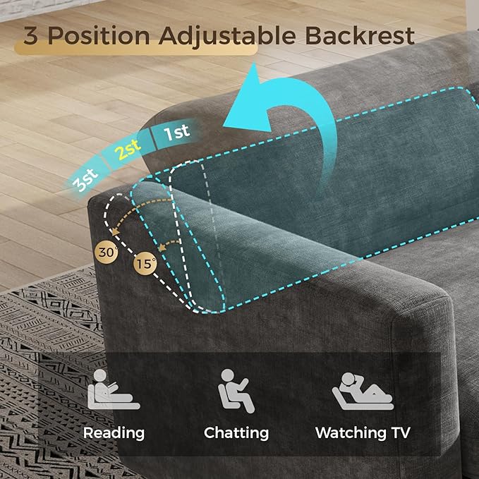 KKL Modular Sectional Oversize Sofa with Adjustable Backrest, 113" L Shaped Couches for Living Room, Down Filled Sectional Sofa Couch with Storage Ottoman Chenille, Grey