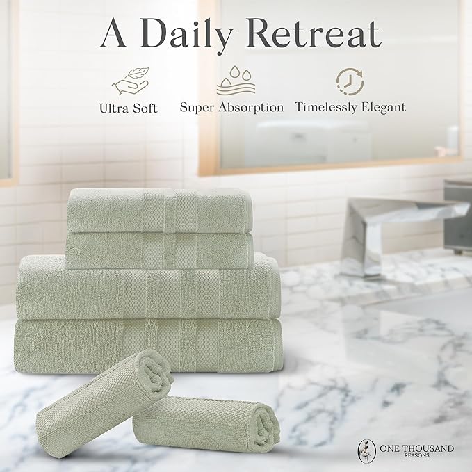 Zero Twist Bathroom Towel Set - Luxury Bath Towel Sets for Bathroom, Hands, and Washcloths - Quick Dry and Absorbent - 6 Pieces, 3 Stripe, Sage