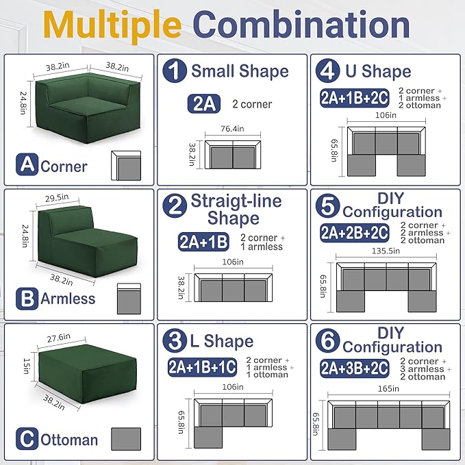 38“ Modular Sectional Sofa Convertible Cube Thick Couch Seat Set, Combine L-Shaped U-Shaped, Free Assembly, Space-Saving for Living Room, Fabric Chenille Green (Only Armless)