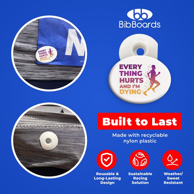 bibSNAPS Race Bib Clips - Safety Lock Fasteners - Secures Running, Marathon, Cycling & Event Number, Non Magnetic, Easy to Use, Soft & Reusable - Replacement for Pins & Magnets, Everything Hurts(4pcs)