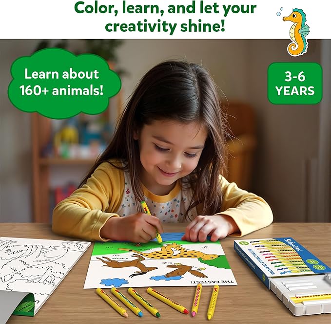 Skillmatics Color & Learn Activity Book – Learn 160+ Animals, 12 Retractable Mess-Free Crayons & 50 Pages, Educational Gift for Toddlers and Preschoolers Ages 3, 4, 5, 6