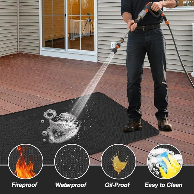 60 x 40 inch Under Grill Mats for Outdoor Grill, Fireproof & Heat Resistant Fiberglass Deck Protector, Waterproof & Oil-Proof BBQ Floor Pad for Deck, Patio, Grass – Easy Clean,Reusable