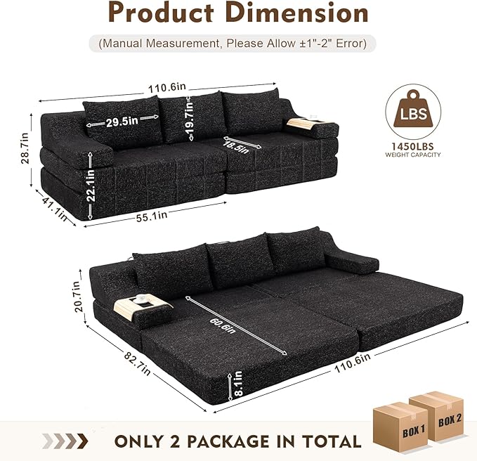 MEISSALIVVE Pull Out Sofa Bed, Queen Size Sleeper Sofa Bed with Wide Armrest & Thick Cushion, 2-in-1 Convertible Couch for Living Room, No Assembly Required (Black)
