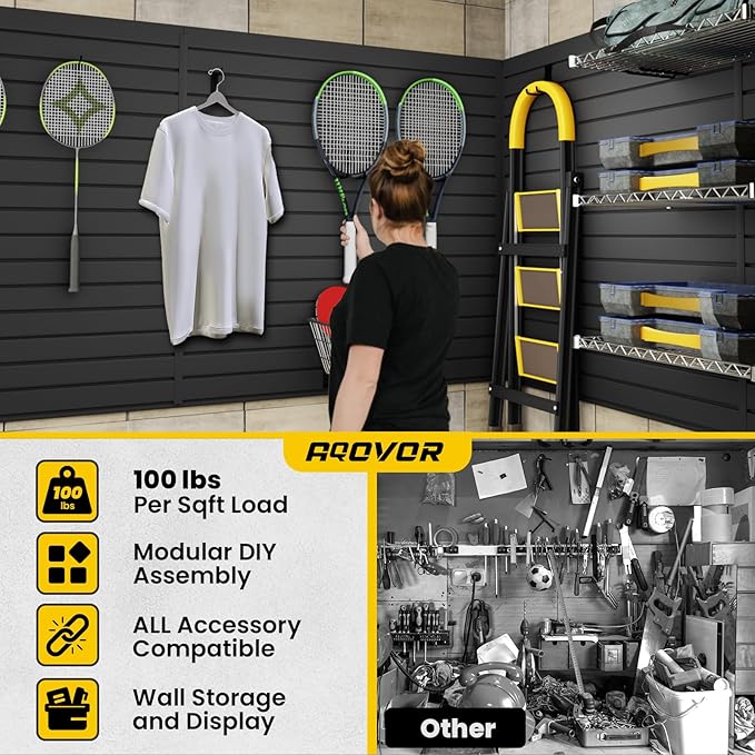 Slat Wall Paneling 4x2 FT, PVC Slat Wall Panels Heavy-Duty Garage Organization System with Hooks & Accessories, Slatwall Pegboard Suitable for Home、Garage、Shop Display & Organization (Black)