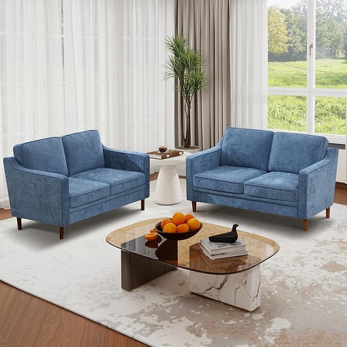 Kingfun 56" Chenille Sofa, Loveseat Couch, Mid Century Modern Love Seat Couches with Solid Wood Frame for Living Room & Bedroom, Light Blue