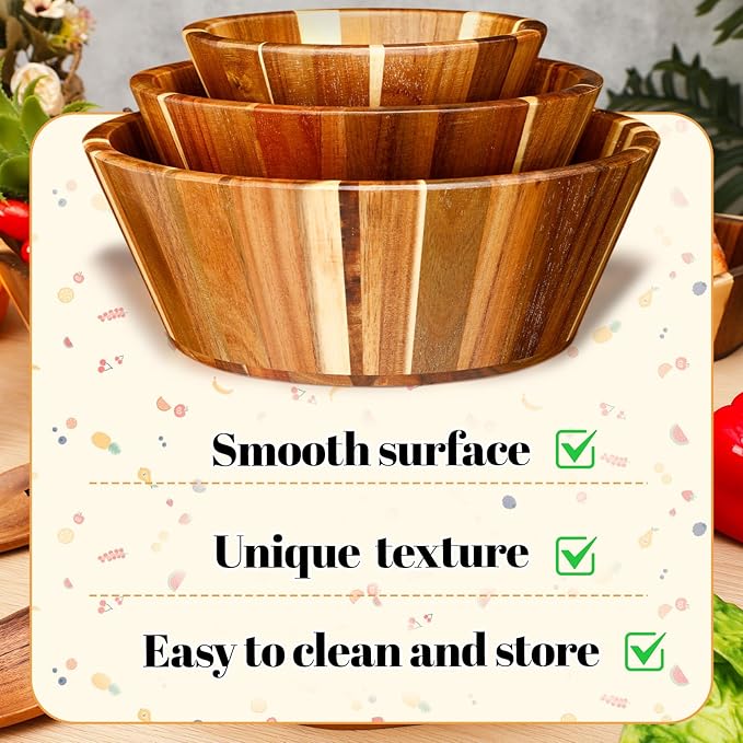 Yunlly Wooden Salad Bowl Set of 5 - Large Fruit Mixing Bowls with Salad Servers Utensils for Serving Dining Accessory - Handmade - Acacia Wood - Large 12", Medium 10", Small 8"(Round Design)