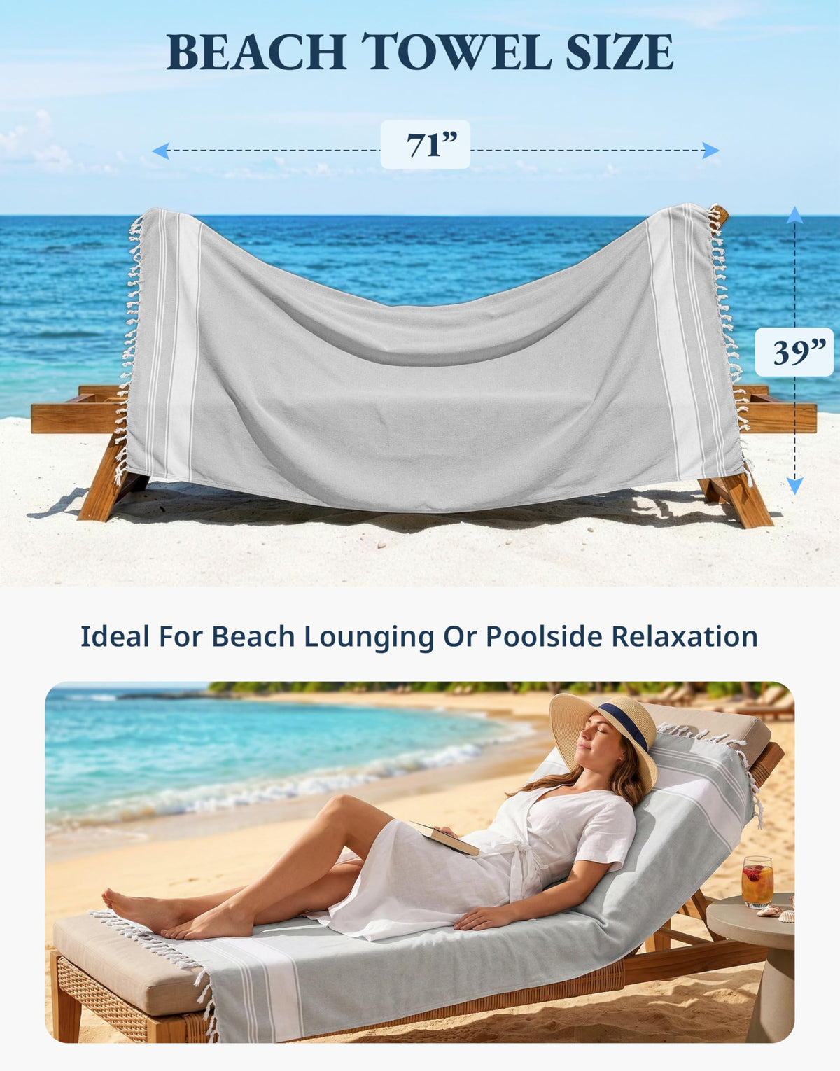 LANE LINEN Extra Large Beach Towels 2 Pack – Oversized 39"x71", Pre-Washed, Quick Dry, Sand-Free & Absorbent Pool Towels, Stylish & Lightweight for Women – Grey