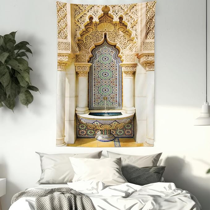 Ambesonne Moroccan Tapestry, Vintage Building Design Art Historic Exterior Facade with Mosaic Print, Fabric Wall Hanging Decor for Bedroom Living Room Dorm, 30" X 45", Ivory Pale Brown Blue