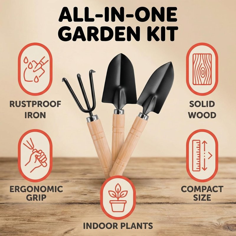 3PCS Small Garden Tools Set - Mini Garden Tools Set with Trowel, Shovel & Hand Rake Made of Rust-Resistant Iron & Solid Wood for Indoor Plants, Succulents, Bonsai, Potting & Repotting