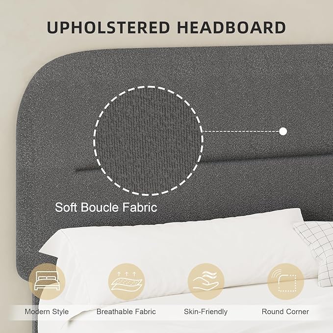 HOMBCK Twin Bed Frames, Upholstered Twin Bed Frame with Rounded Headboard, Soft Modern Twin Size Boucle Bed Frame with Thickened Footboard, Rounded Corners, No Box Spring Needed, Easy Assembly, Grey