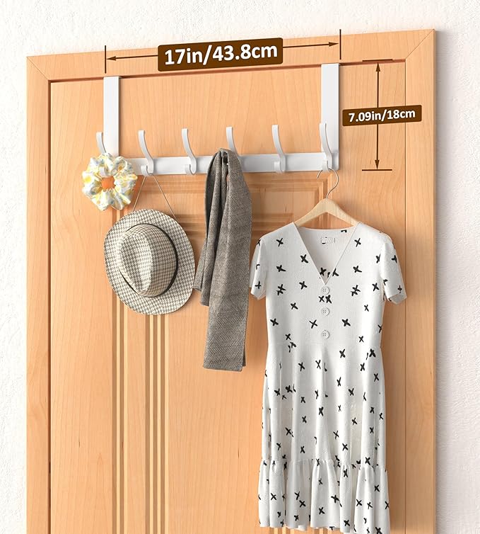Over The Door Hooks Hanger with 7" Arms, Door Hooks for Hanging, Fit 1 3/4" Door, Tool-Free Assembly, F7U, Towel Racks Organizer Holder for Bathroom - White
