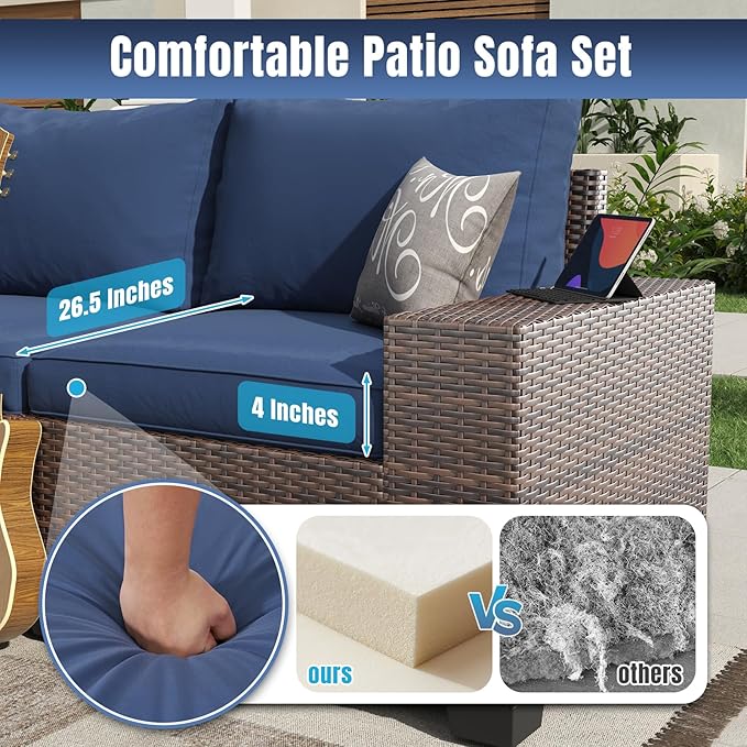 Aoxun 12 Pieces Patio Furniture Set Wicker Rattan Outdoor Sectional Conversation Set with Coffee Table and 4” Thickened Cushions, Blue (Waterproof Cover Included)