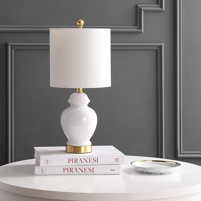 JONATHAN Y 20" White Textured Ceramic and Brass Gold Table Lamp, Glam Bedside Nightstand Lamp for Living Room Bedroom, White Linen Shade, LED Bulb Included JYL1035A
