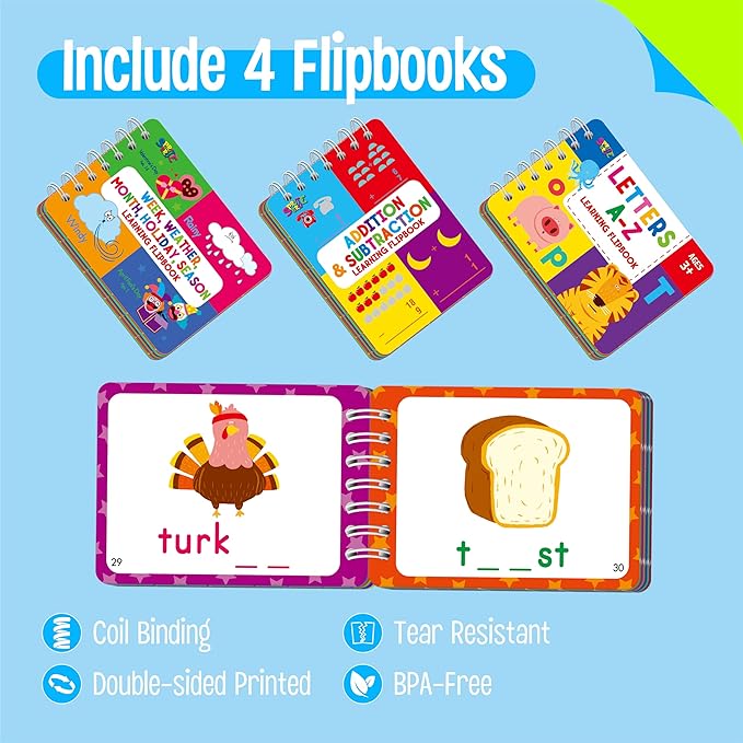 4 First Grade Learning Flipbooks, Double-Sided Mini Book Set - Spelling, Addition, Subtraction, Time, Week, Weather, Month, Holiday & Season Learning, Early Educational Tool for Kids
