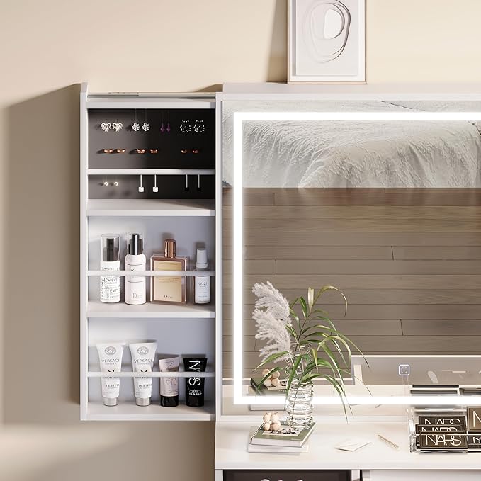 Makeup Vanity with Sliding Storage Wall-Mounted Jewelry,Mirror Cabinet,White Vanity Desk with Extra Large Mirror and Lights,7 Drawers Dressing Table with Vanity Stool&Storage Bench,for Bedroom